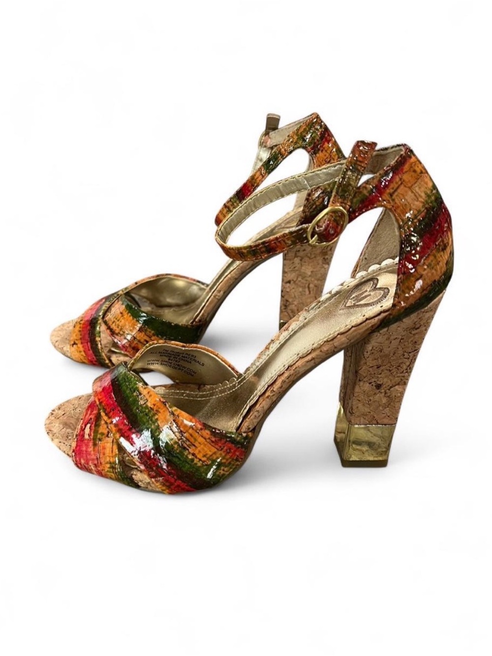 Madeline Multicolor Cork Block Heel Sandals with Gold Accents